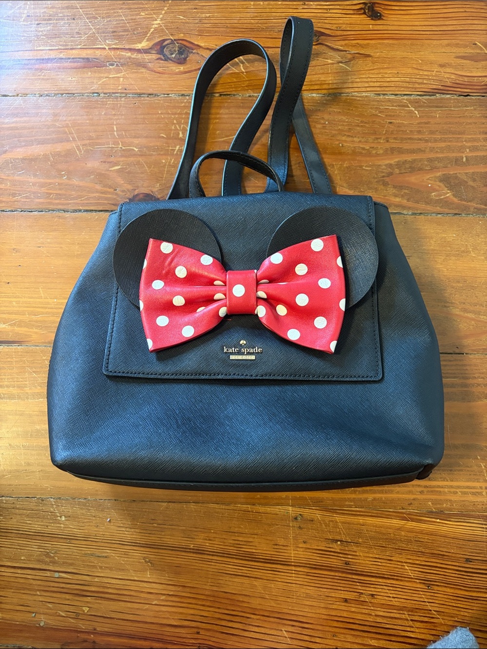 kate spade Minnie Mouse Black Leather Backpack with Red Polka Dot Bow and Ear